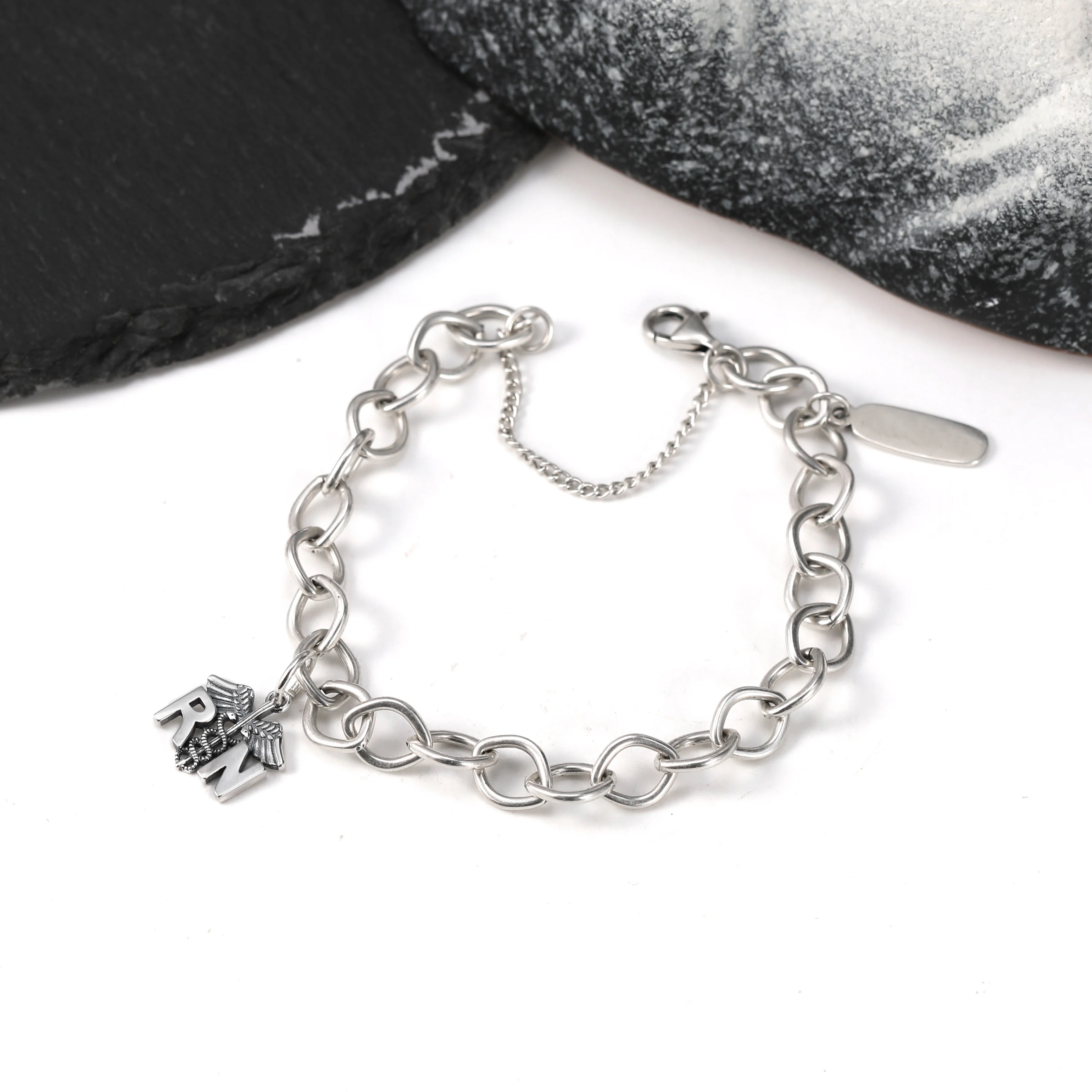 Genuine 925 sterling silver Forged Link Charm Bracelet paired with a Romanian Maritime Register of Shipping pendant