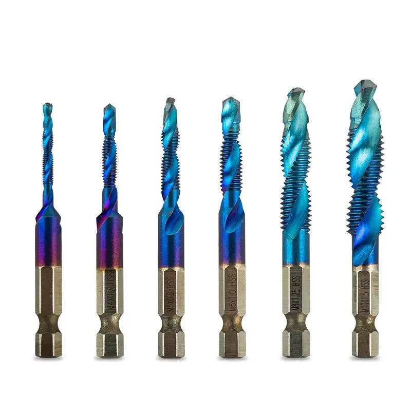 Blue M3/M4/M5/M6/M8/M10 Hand Tools Hex Shank Titanium Plated HSS Screw Thread Metric Tap Drill Bits Screw Machine Compound Tap