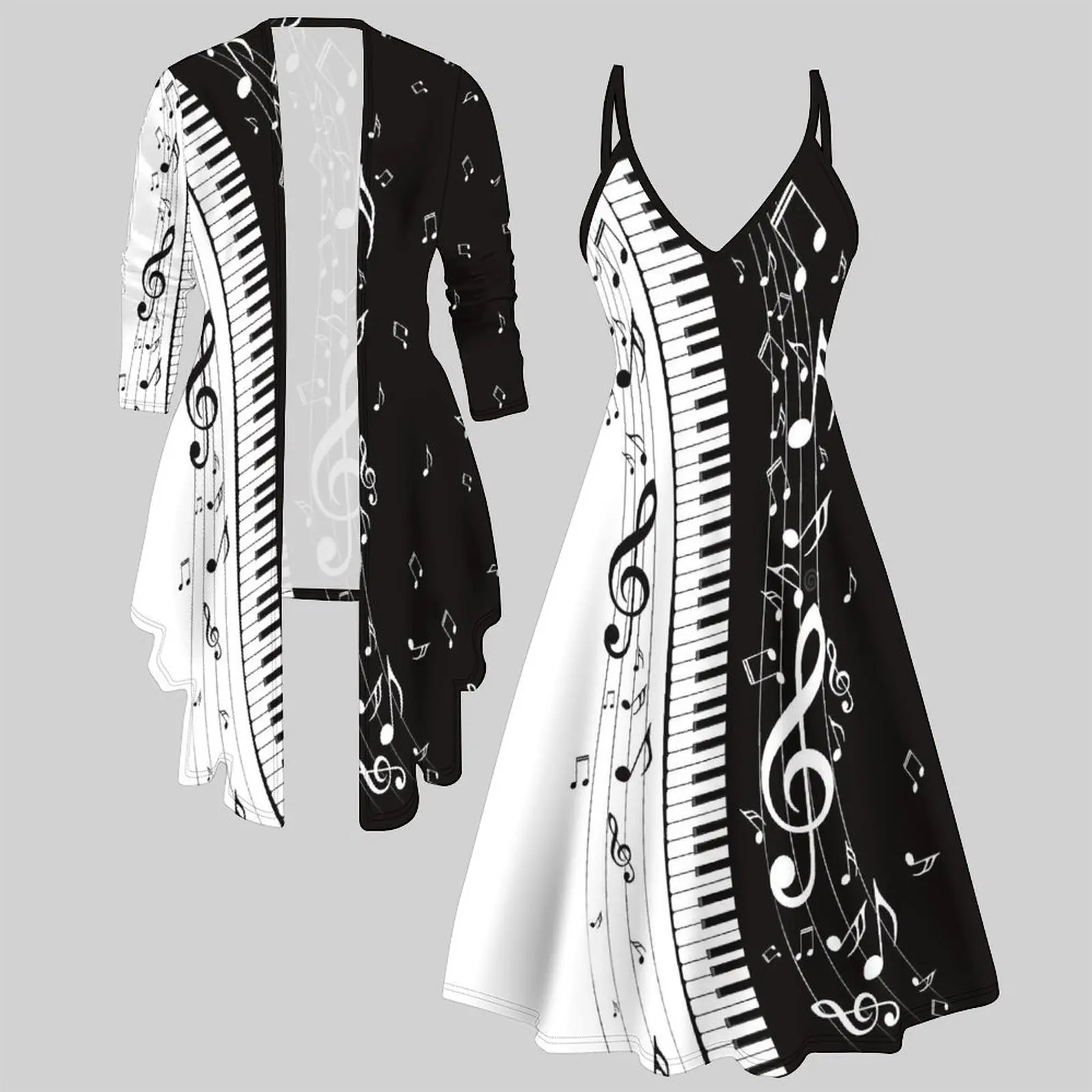 Fashion Print  Two Piece Set for Women V Neck Midi Dress 3/4 Sleeve Asymmetric Hem Open Front Cardigan Casual Holiday Outfit