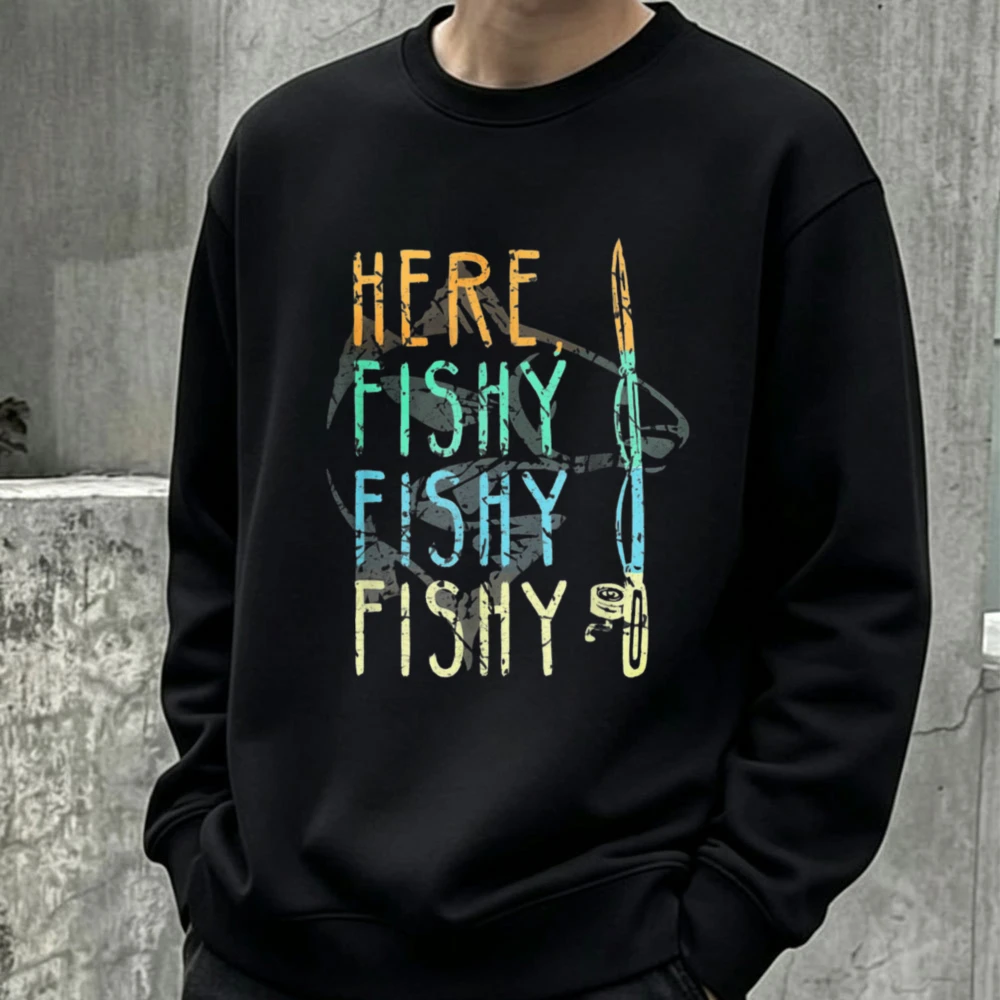 Gradient Here Fishy Fishy Fishy Fishing Graphic Crewneck Sweatshirt Distressed Print Outdoor Men Women Unisex Casual Pullover