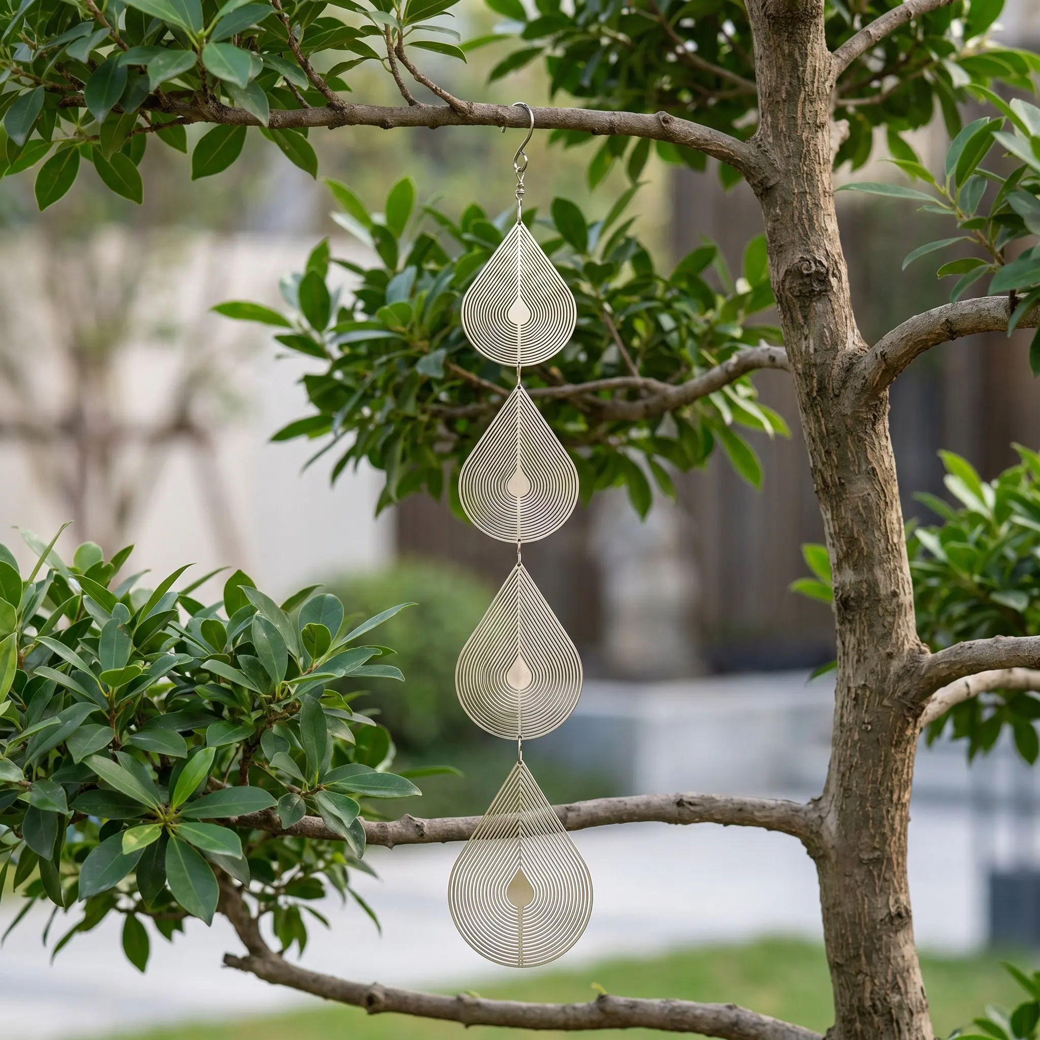 3D Water Drop Shaped Wind Spinner Rotating Wind Chime Metal Reflective Windmill Hanging Garden Decoration