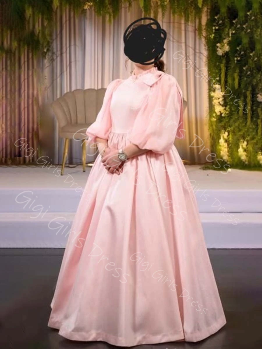 

A-line Satin Junior Bridesmaid Dress with Bow High Waist Balloon Sleeve Teens Formal Evening Gown Custom Made Vestidos de Noiva