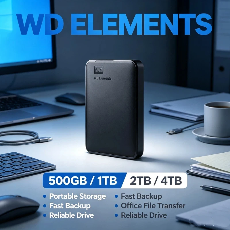 WD Elements 2.5" USB3.0 Portable HDD,1TB/2TB/4TB/5TB/6TB, Compact Storage for Office, Video Files & Data Backup