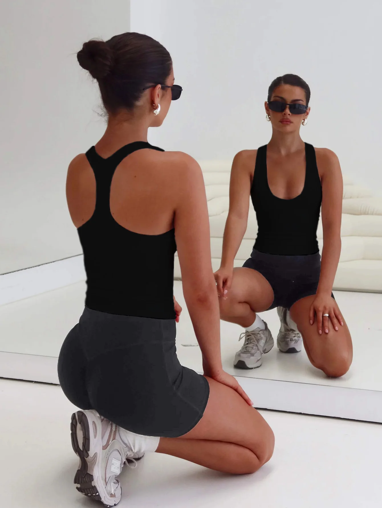 Damen Einfarbiges U-Ausschnitt Ärmelloses Slim-Fit-Top, Lässige Sommermode, Vielseitiges Gestricktes Tanktop für den Alltag – Detail 6
