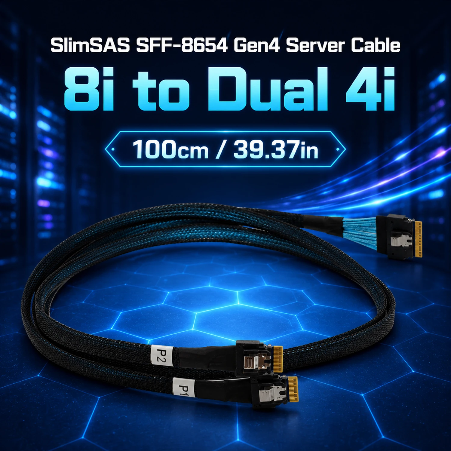 SlimSAS SFF-8654 8i to 2x SFF-8654 4i Gen4 Cable 1M High Speed Silver-Plated Internal Server Storage Data Cable