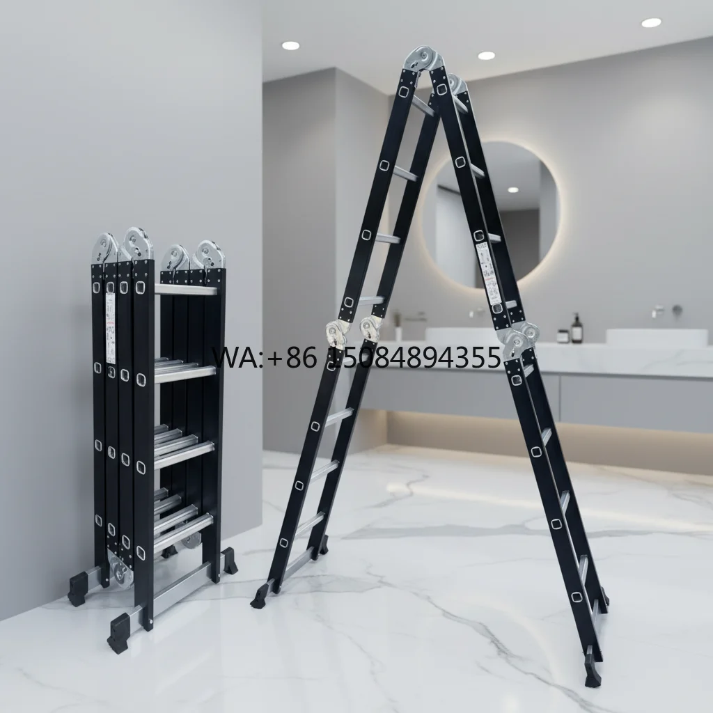Custom Black Modern A-Frame Multifunctional Steel Folding Extension Ladder Stools 3.6m CE EN131 Certified 150kg Capacity