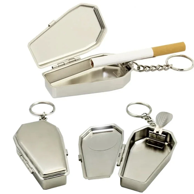 

Mini Casket Ashtray with Keychain Stylish Windproof Metal Cool Portable Coffin Car Keychain Ash Organizer for Camping