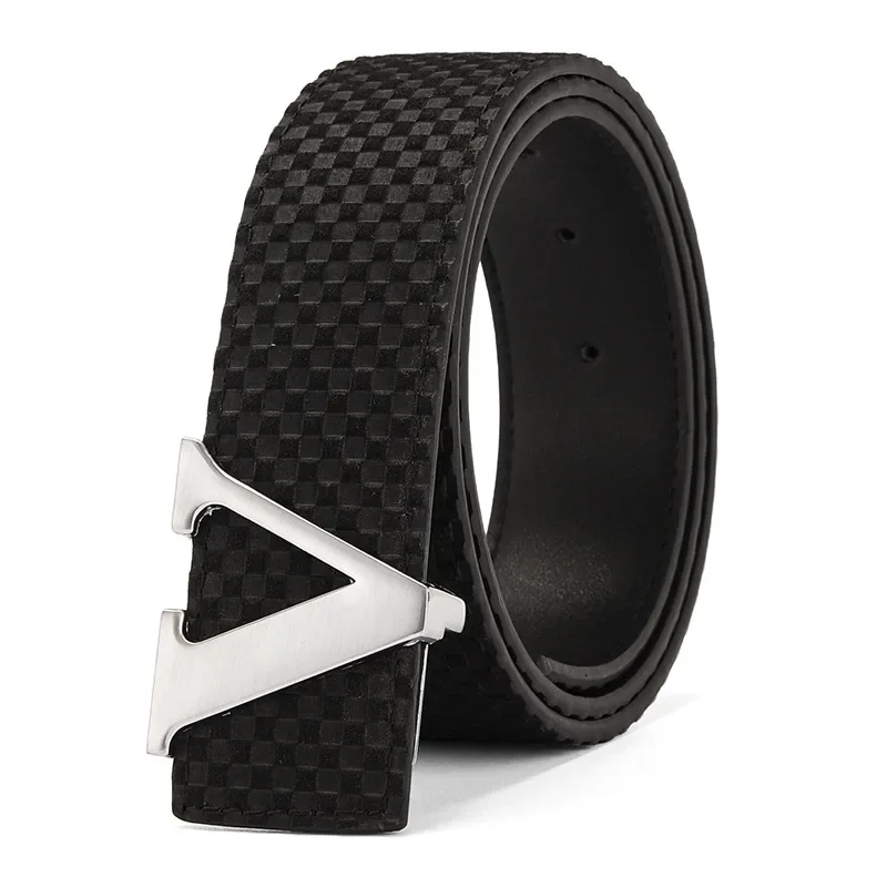 New Men\'s Belt Casual Business V Letter Slide Buckle Fashionable Checkered Plaid Leather Male Belt for Men