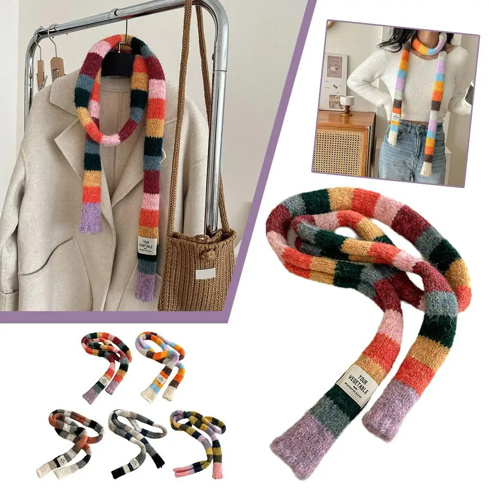 New Striped Scarf Knitted Wool With Warm Color Splicing Winter Contrast Sausage Narrow Scarf Long Thin Scarves Y8H4