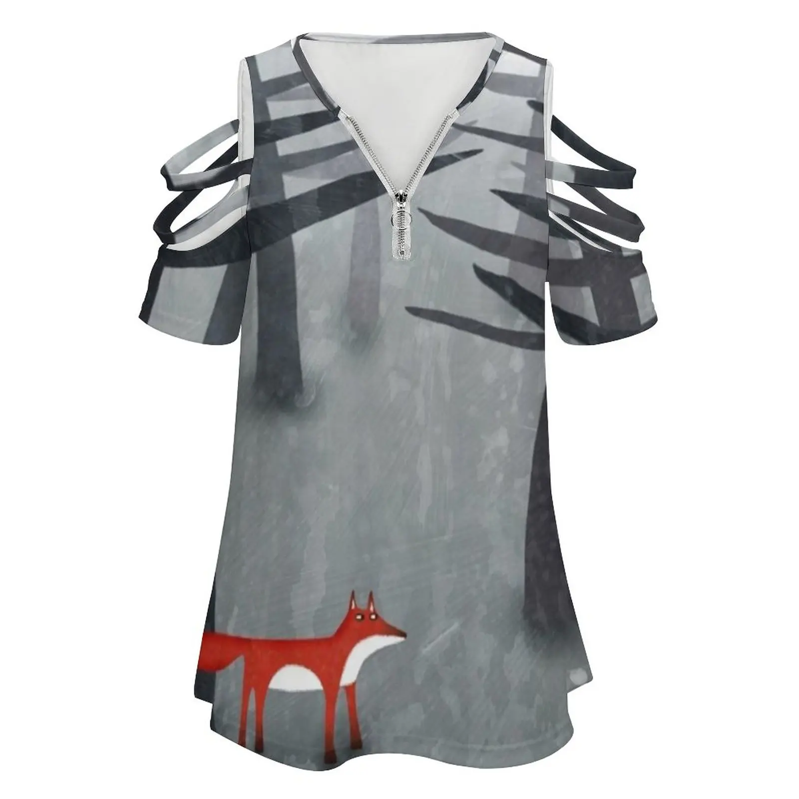 The Fox And The Forest New Fashion Zip Off Shoulder Top Short-Sleeve Women Shirt Forest Fox Grey Landscape Nature Red Squirrell