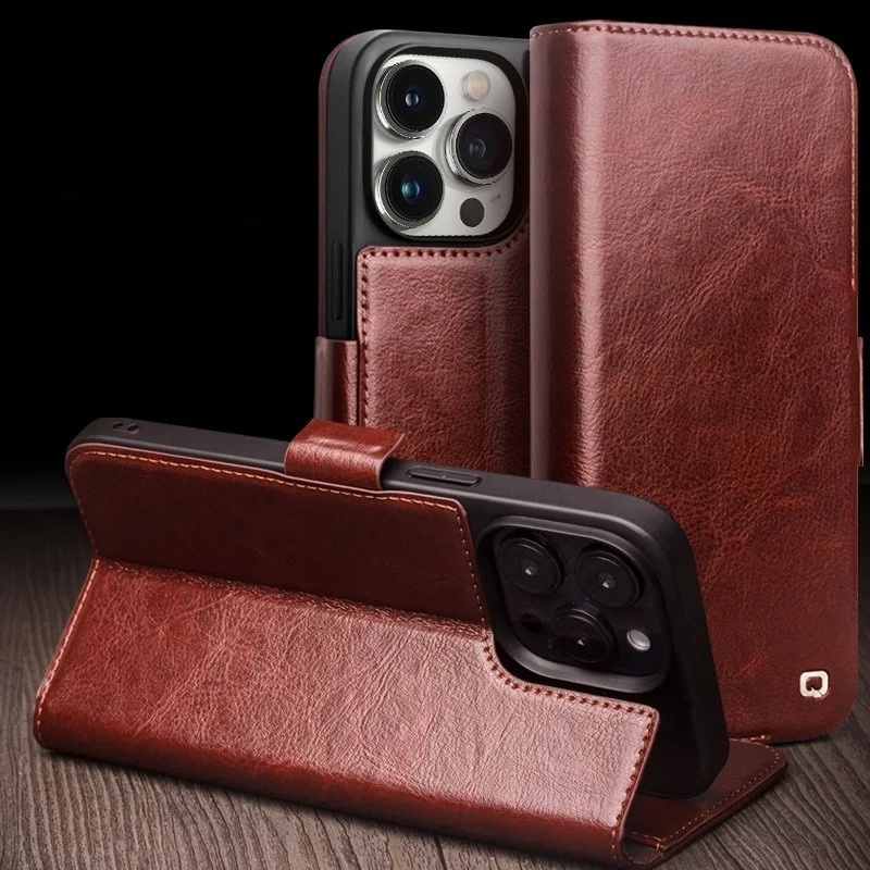 

Genuine Leather Side Magnetic Flip Phone Cover for iPhone 17 Air 16 Pro Max 15 Plus with Built-in Wallet Card Case Slots