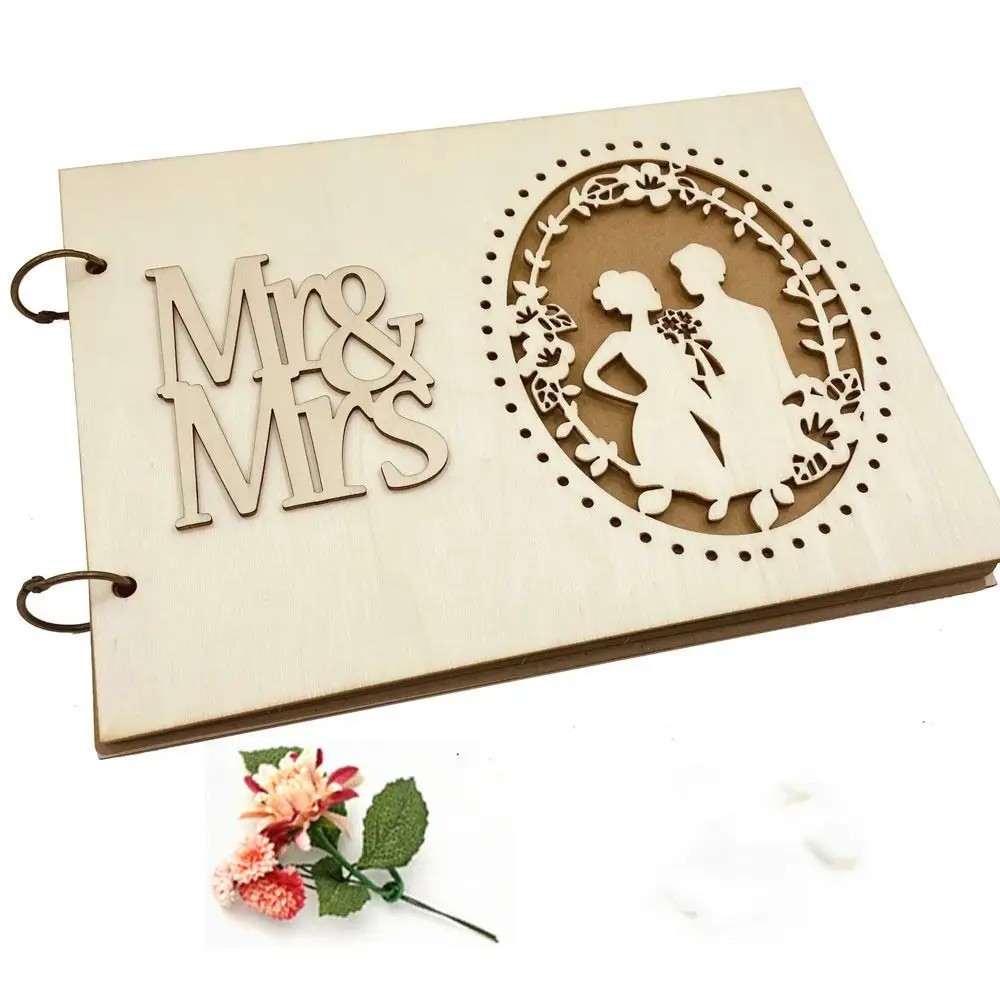 Nice Wood Wedding Guest Book Natural Colour 27*19 CM Guest Registration Book Golden Wedding Sign-in Book Memorial