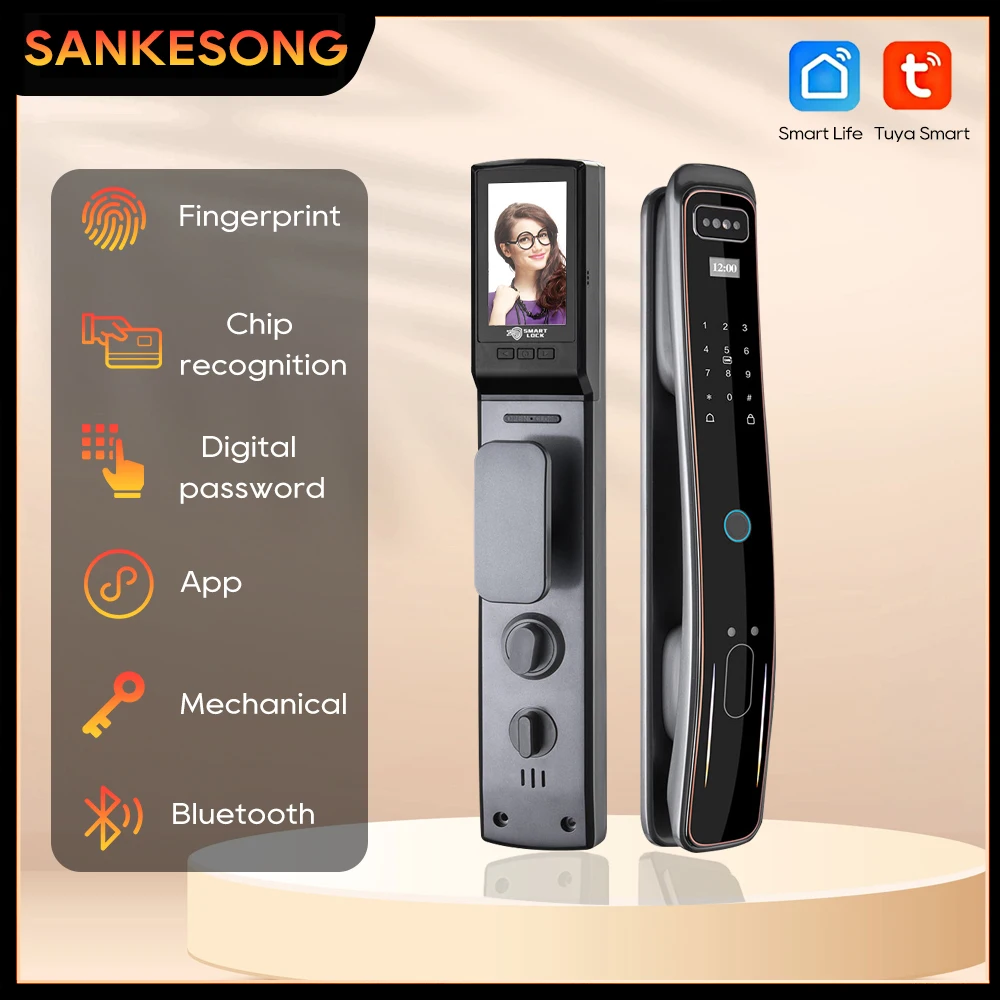 

Камера SANKESONG Tuya с электронным замком, Умный Замок с поддержкой 3D распознавания лица, со сканером отпечатков пальцев, цифровой электронный ключ, Интегральная карта, разблокировка через приложение