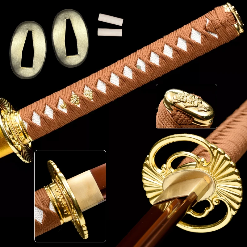 

Golden Tsuka Fittings For Japanese Katana/Wakizashi/Tanto Handmade Alloy Samurai Swords Accessories Fake Rayskin