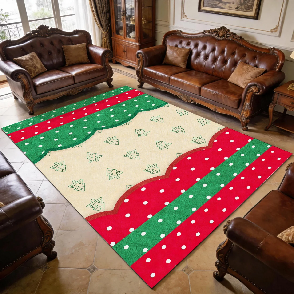 1pc 2D Flat Rectangular Christmas Area Rug, Red Green & White, Non-Slip, Machine Washable & Easy Care, Home Decor Rug