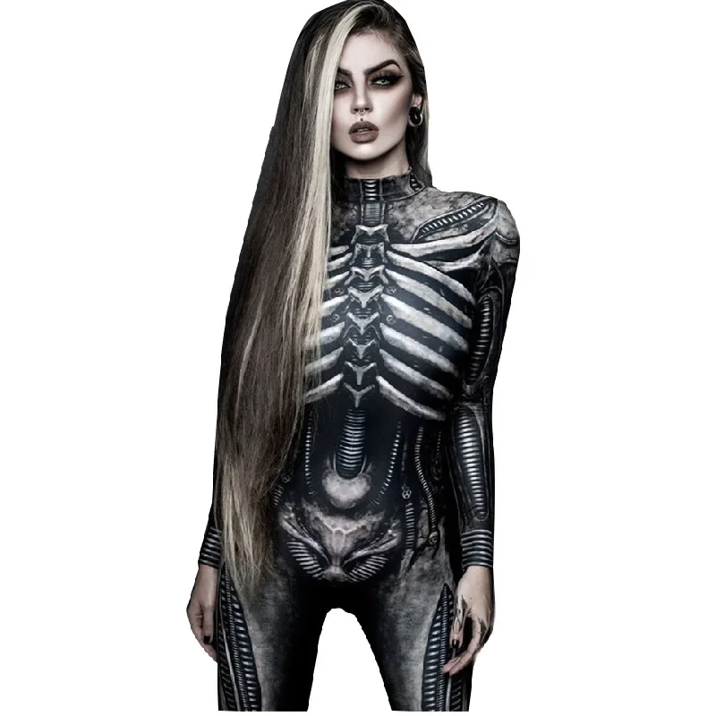 Costumes d'Halloween pour Femmes, Cosplay Fantôme, Combinaison Effrayante, Modules Sons, Imprimé Carnaval, ixCrâne, Manches sulf, Vêtements Minces pour Bol OI1