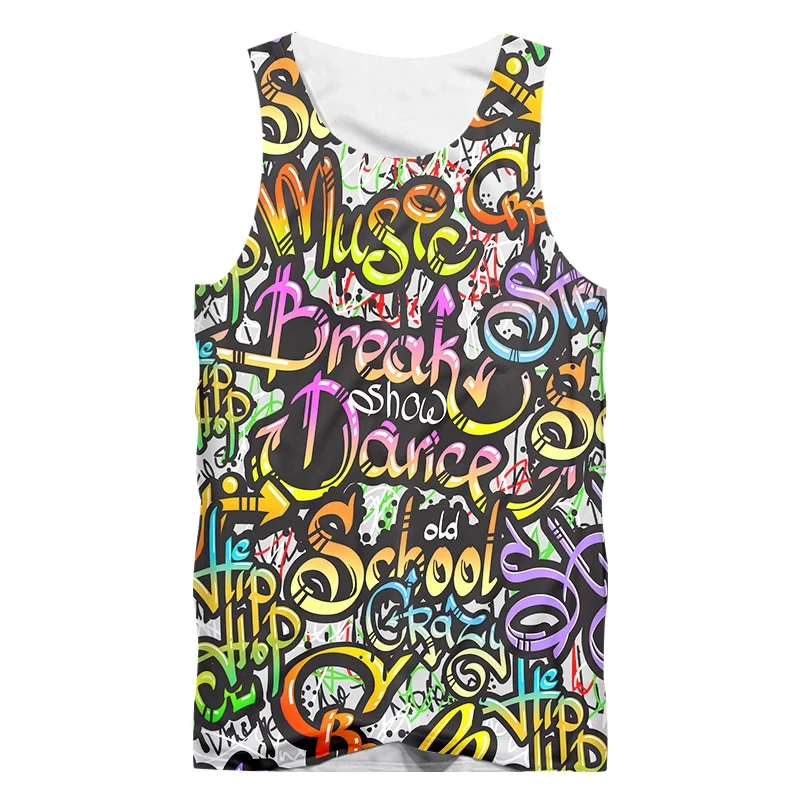 New Abstract Graffiti Patterns 3D Print Tank Tops Men's Streetwear Beach Oversized Fitness Gym Vest Sleeveless Tops Men Clothing