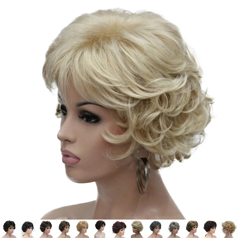 

Женский блондин с короткими вьющимися женскими волнистыми синтетическими волосами, полный парик