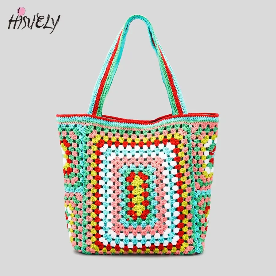 Bohemian Crochet Women Shoulder Bags Knitting Large Capacity Tote Bag Casual Lady Handbags Big Shopper Purses Summer Beach Bags