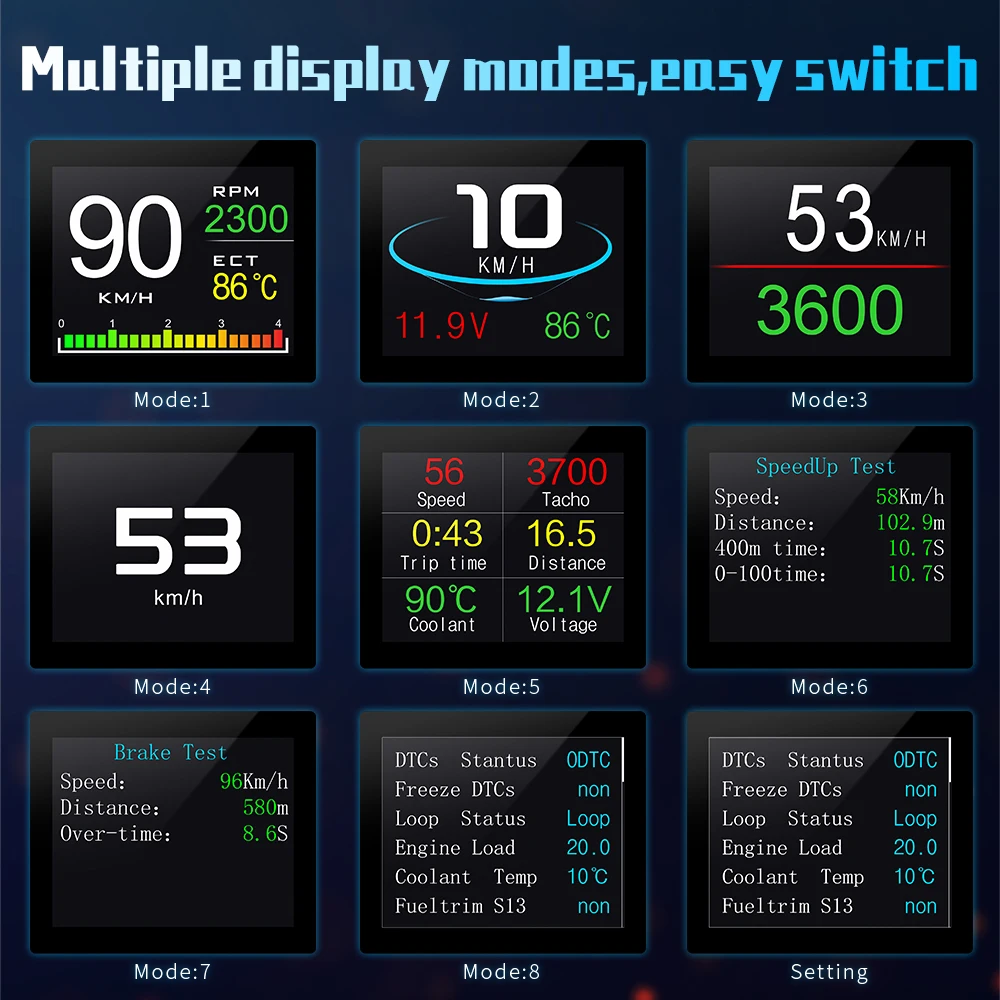 P10 HUD OBD Head Up Display Car Speedometer RPM Tacho Coolant Temperature Voltage Time Fuel Consumption Air Fuel Ratio Oil Temp