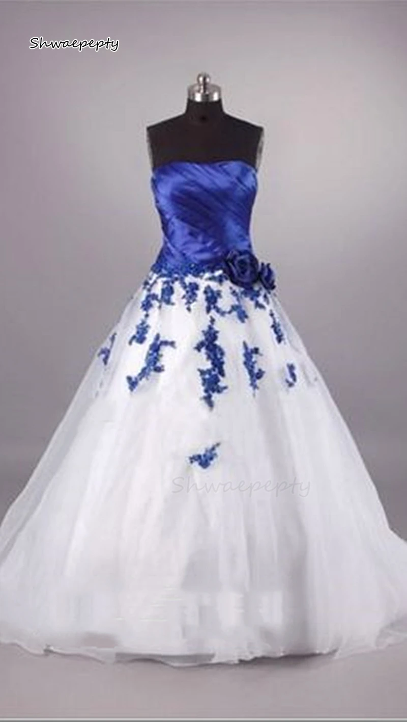 Vintage White And Blue Wedding Dress Lace Applique Hand Made Flowers Pleats A-Line Elegant Bridal Gown Robe de Mariée Customized