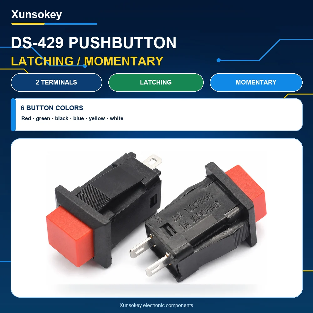2PCS Lockless Reset and Self-locking Push Button Switch 14MM 1A/250VAC 3A 250V DS-429