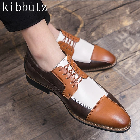 Spring New Mixed Colors Men's Business Shoes Round Toe Patchwork Oxfords PU Leather Flats Leisure Office Male Footwear