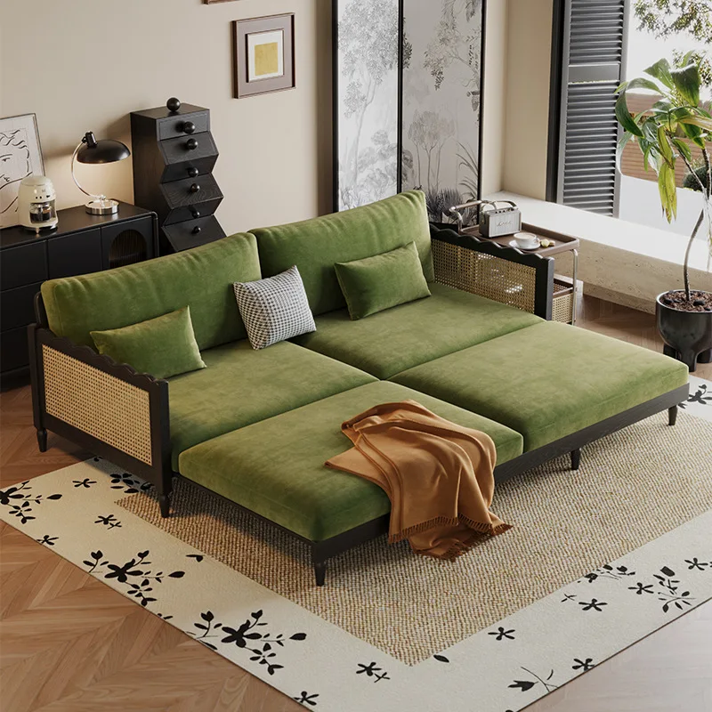 French retro sofa small apartment living room three-person antique baby velvet solid wood straight row modern simple sofa