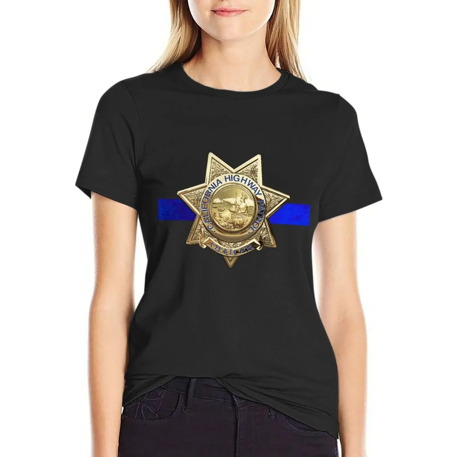 California Highway Patrol - CHP Officer Badge - The Thin Blue Line Edition over Black Velvet T-Shirt lady clothes Women tops