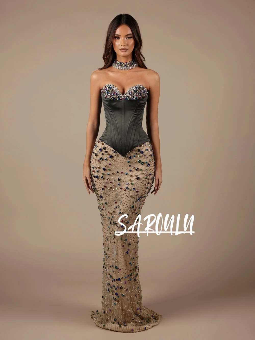 

Women's Strapless Corset Evening Dress Multicolor Crystal Embellished Shiny Mermaid Cocktail Gown For Red Carpet Formal Galas