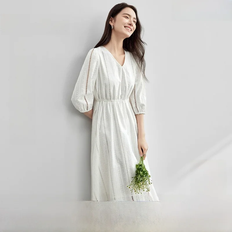 

Elegant Vacation Dress Women's V-neck Elastic High-waist Lantern Sleeve Cotton A-line Skirt Comfortable Spring Season Dress