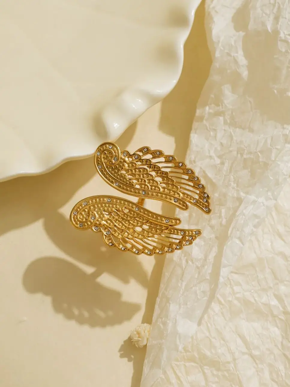 

Vintage angel wings stainless steel gold hollow zircon open ring for men and women punk hip-hop party jewelry gift accessories