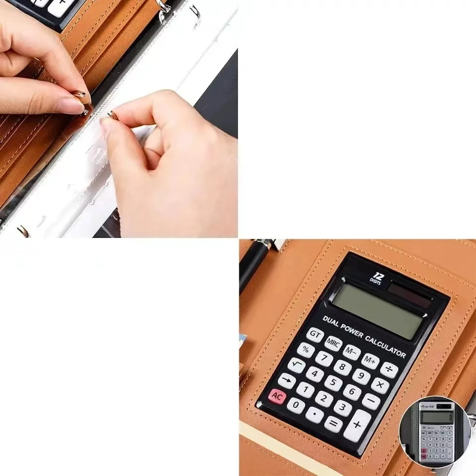 Aktentasche aus Leder im A4-Format, ausgestattet mit Taschenrechner und Stifthalter, professionelle Version, Aktentasche mit 4 Ringen, geeignet für verschiedene Orte