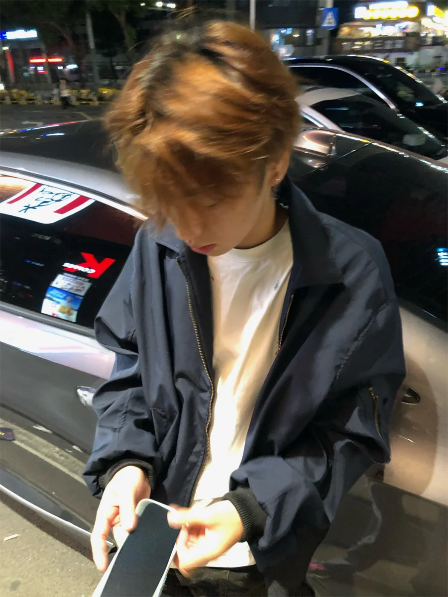 

Retro American Sle Loose Fit Zipper Jaet Baseball Sle in k Blue for Men And Women Casual Simple Faion Top