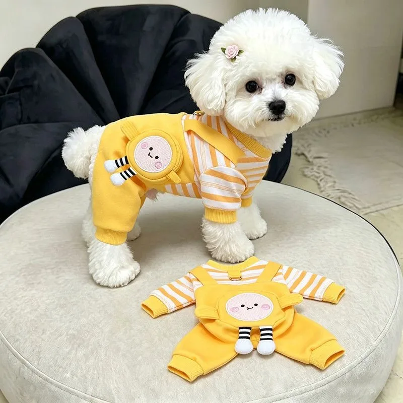 Winterwarme, gestreifte Haustier-Overall mit abnehmbarem Traktionsgeschirr, Hunde-Overall, niedliches Welpen-Outfit für Teddy und Chihuahua – Detail 2