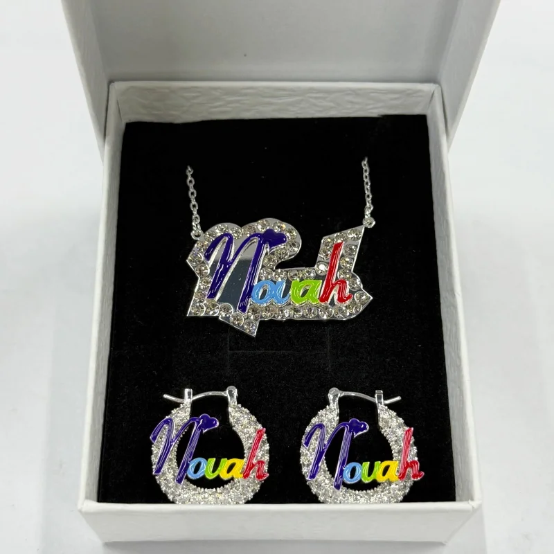 

Roro's Custom Colorful Enamel Stainless Steel Name Necklace and Earring Set 22mm Enamel Earrings Rhinestone Jewelry Set For Her