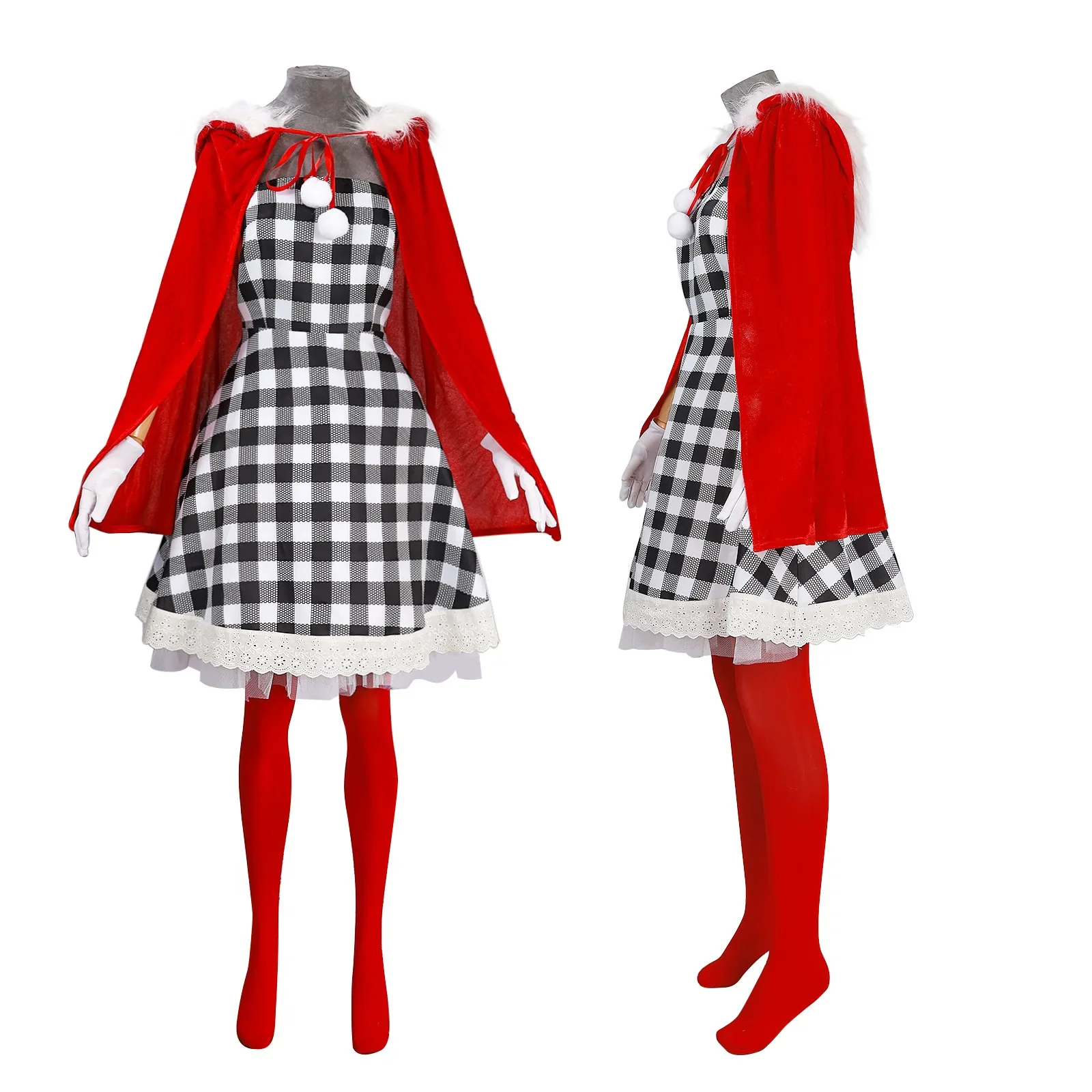 Cindy Christmas Girl Cosplay Costume Anime Christmas Grinch Costume Full Set Black White Plaid Dress and Red Cape Party Dress view 5