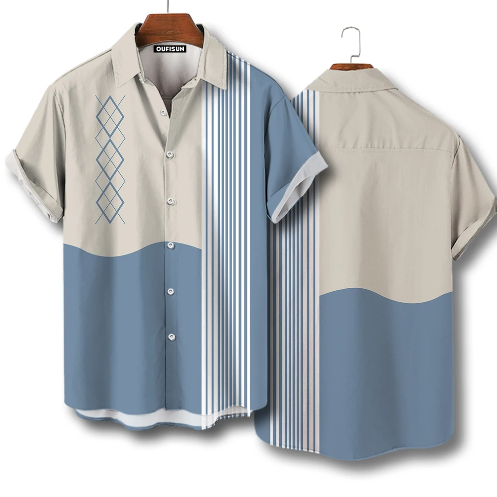 Checkered Stripe Shirt Men's Casual Short Sleeved Top Summer Hawaiian Shirts For Male Oversized Streetwear Original Men Clothing