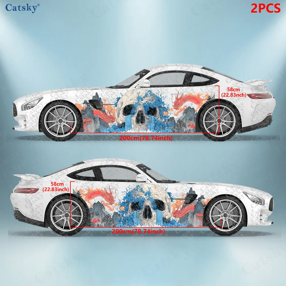 2pcs Two fire dragon and water skeleton decals, suitable for cars and trucks, durable, fade-resistant, easy to install and remov