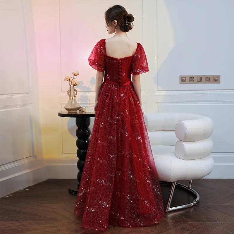 Wine Red Long Toast Wedding Dress Light Luxury Sequined Performance Evening Dresses Fashion Square Neck Chiffon Prom Gowns