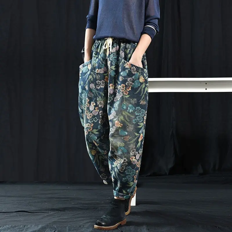 Casual Denim Harem Pants For Women Loose High Waist Baggy Jeans Spring Autumn Vintage Floral Print Trousers
