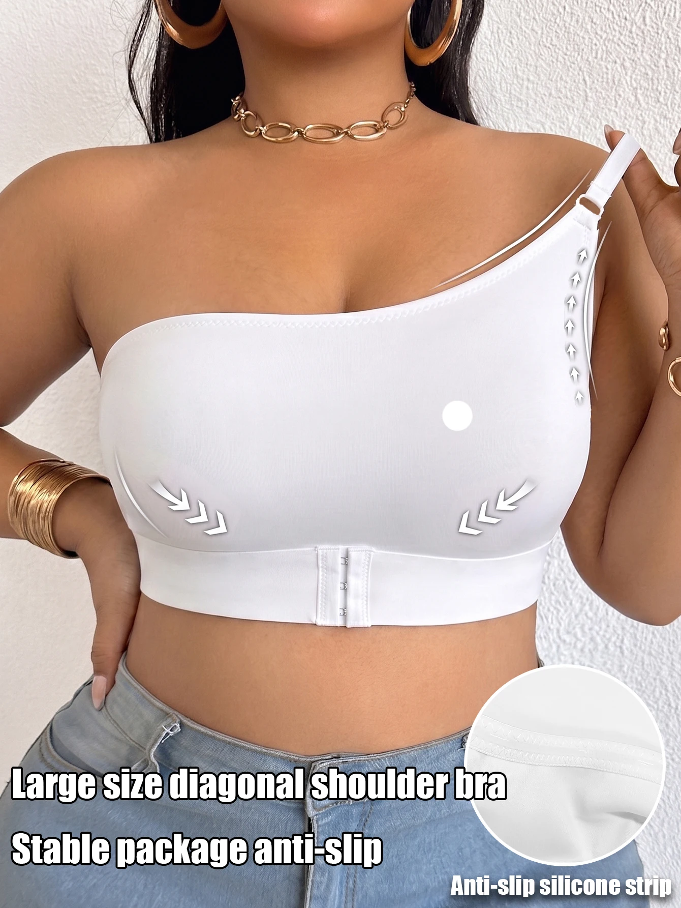 Plus Size Full Cup One‑Shoulder Women's Bra Solid Seamless Front Closure Push‑up Wireless Non‑slip Lingerie