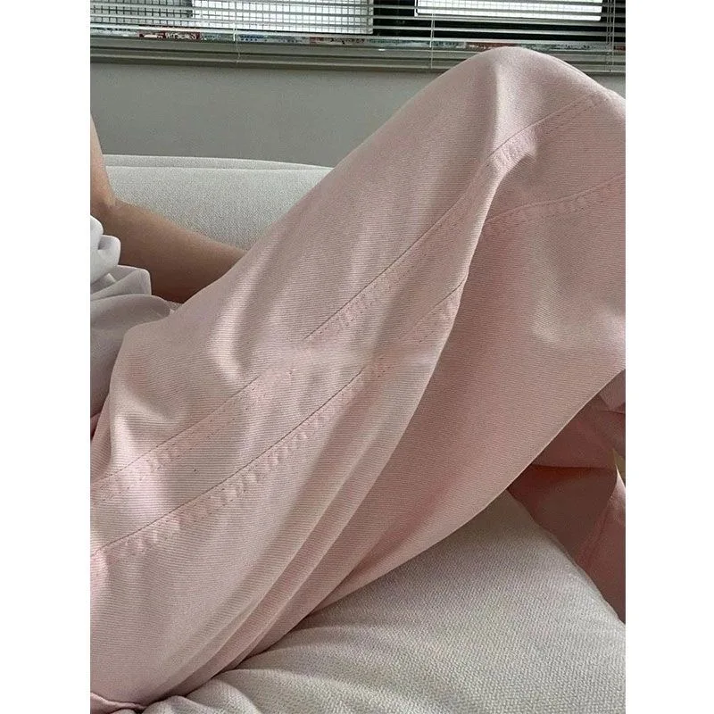 Frauen Rosa Jeans Harajuku Stil Y2k Koreanische Temperament Minimalistischen Büro Mädchen Hohe Taille Lose Gerade Hosen Casual Hosen