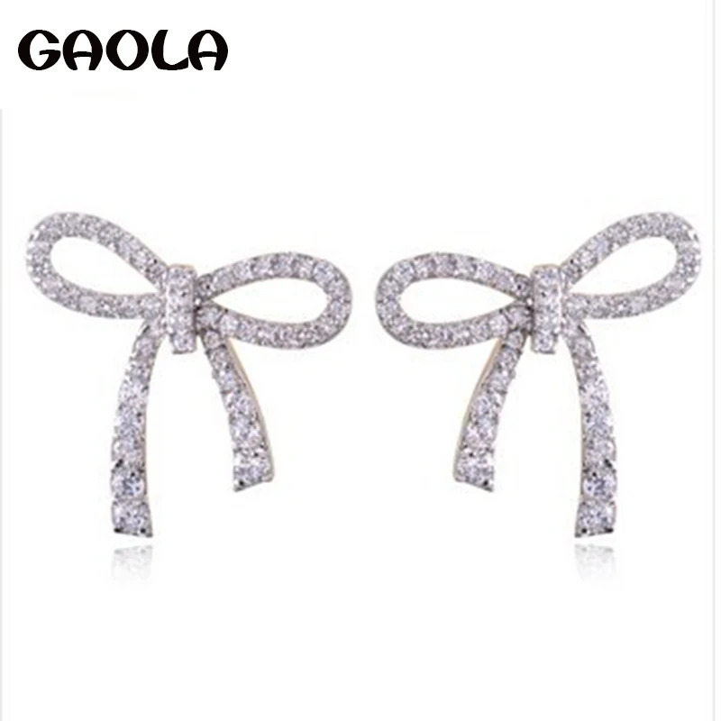 

Бесплатная доставка Новые Модные серьги-гвоздики в русском стиле в форме банта с фианитами класса ААА