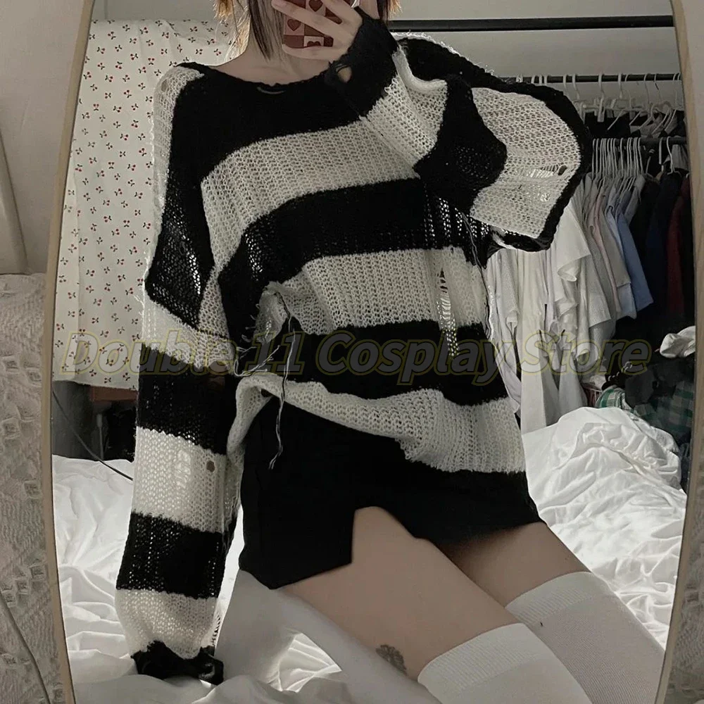 Anime NANA Okazaki Shinichi Cosplay Costume Unisex Stripe Knitted Sweater Autumn Ripped Irregular Sweaters Top Clothes Halloween