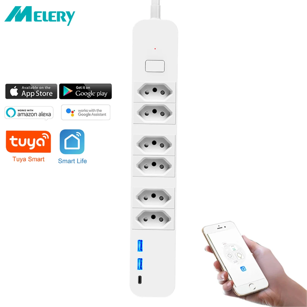 Melery Brazil Wifi Smart Power Strip Type-C USB Charging Board Tuya App Remote Control Works With Google Home Alexa Dot Office