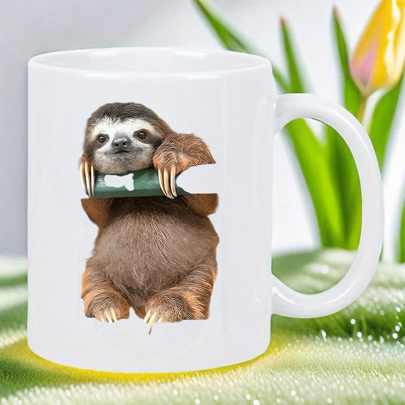 Adorable Sloth Hugging Branch Ceramic White Mug - Reusable Hand Wash Only Coffee Cup with Cute Animal Design, Perfect Gift for C