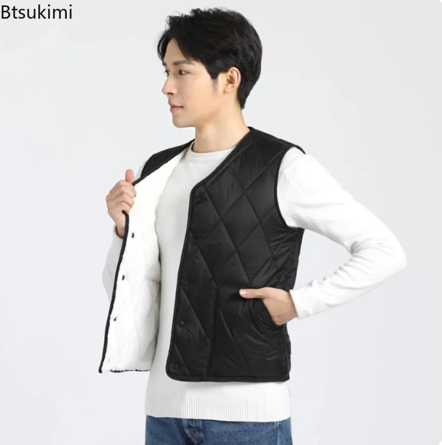 

Autumn Winter Waistcoat Men Lamb Fleece Coat Vest Button Cardigans Thicken Warm Solid Color V-Neck Casual Business Plaid Jackets