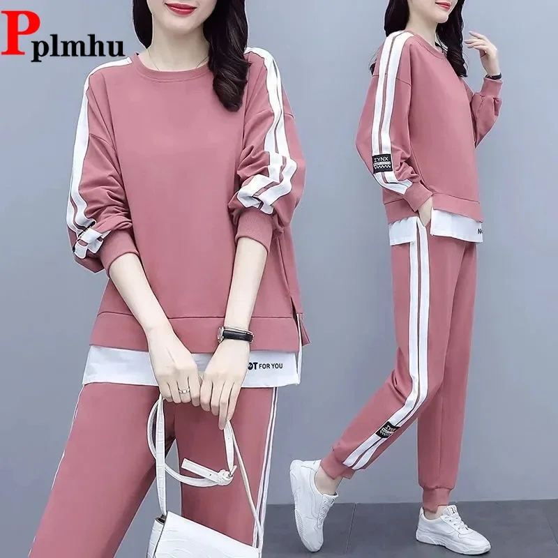 

Женский спортивный костюм, комплекты из двух предметов, шаровары длиной до щиколотки с высокой талией, костюм большого размера, повседневные толстовки с круглым вырезом, наряд