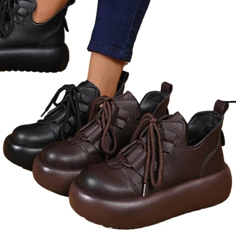 

6.5 Cm Platform Genuine Leather Women Sring Autumn Fashion Comfy Shoes Retro Loafer Pumps Flats Outdoor Walking Sneakers